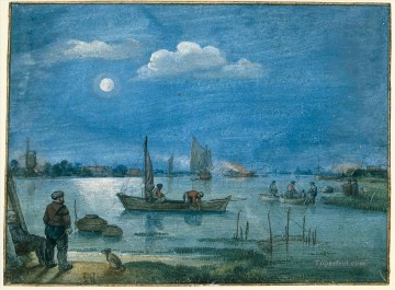  Moonlight Painting - Fishermen By Moonlight winter landscape Hendrick Avercamp